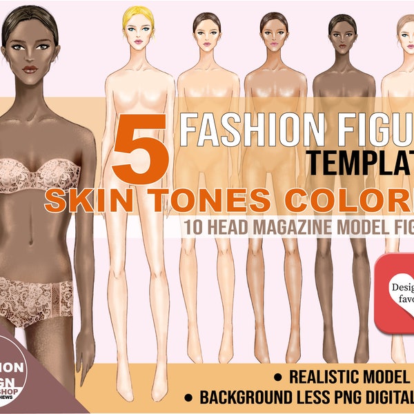 PNG Colored Fashion Figure, Croqui Templates. Relaxed Front View Pose, Transparent Background, 10 Head Model Fashion Illustration Cliparts.