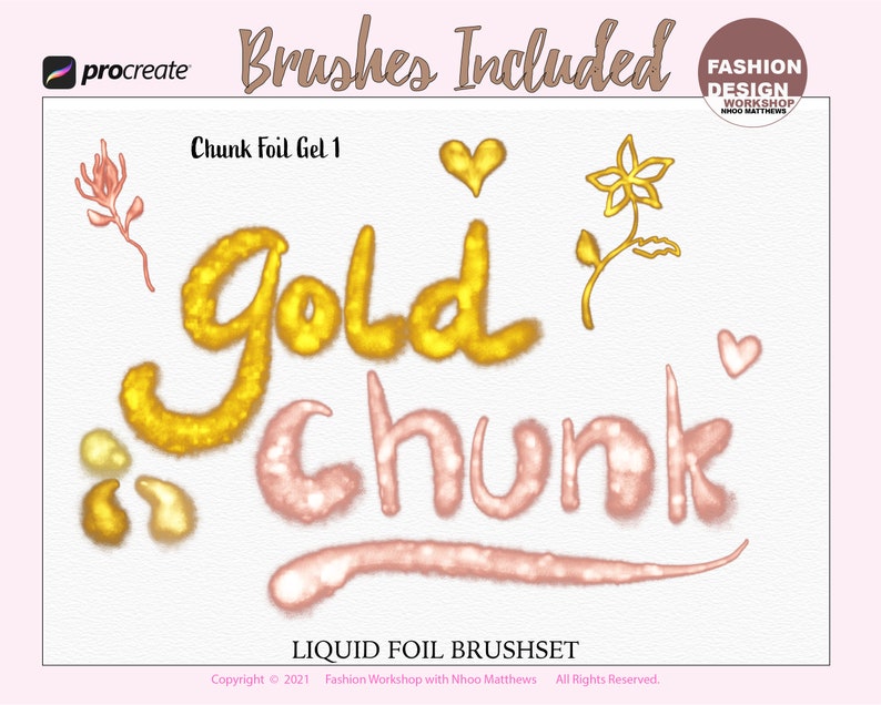 LIQUID FOIL Metallic Brushes for Procreate App. 14 Brushes with Lettering. Shiny Gold Gel Glitter Brushes with 60 colors in palettes. image 6