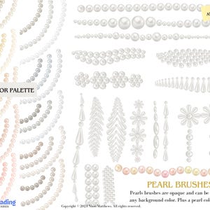 May include: A set of Procreate brushes featuring pearl designs. The brushes include various pearl shapes, sizes, and arrangements, including strands, clusters, and individual pearls. The image also includes a pearl color palette with different shades of white, cream, and pink.