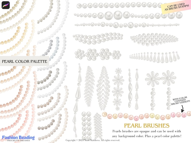May include: A set of Procreate brushes featuring pearl designs. The brushes include various pearl shapes, sizes, and arrangements, including strands, clusters, and individual pearls. The image also includes a pearl color palette with different shades of white, cream, and pink.