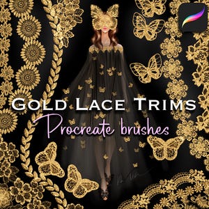 Procreate Gold Lace Trims Brushes with Video Tutorial. Metallic Lace, Glittered Embroidery, Color Palettes For Fashion Design & Illustration