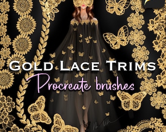 May include: Gold lace trim Procreate brushes. The image shows a variety of gold lace trims, including floral, butterfly, and geometric designs. The text "GOLD LACE TRIMS Procreate brushes" is displayed in the center of the image.