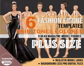 PLUS SIZE 6 Realistic Medium Tan Skin tone Colored Fashion Figure/ Curvy Croqui Templates, 3 Poses, Background Less PNG, 9 Head Model Figure