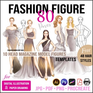 80 Fashion Figure Templates. 10 Head Fashion Croquis. JPG, PNG, PDF, Procreate Stamp. 48 Hair Styles. Printable Fashion Illustration Clipart