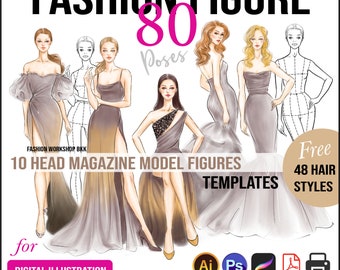 Fashion Figure Templates: 80 Poses, 48 Hairstyles. Printable Fashion Croquis (PNG, JPG, PDF, Procreate)