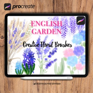 ENGLISH GARDEN 24 Creative Floral Procreate Pinsel. Wisteria, Hortensie, Lavendel Botanische, Blumen, Natur, Blätter, mit einer Farbpalette