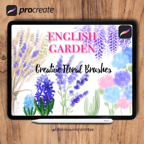 ENGLISH GARDEN 24 Creative Floral Procreate Brushes. Wisteria, Hydrangea, Lavender Botanical, Flowers, Nature, Leafs, with a color palette