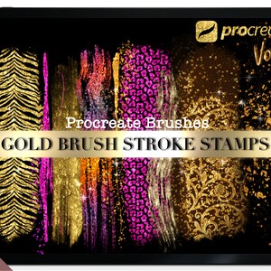 Könnte beinhalten: Ein Satz goldener Pinselstrich-Stempel für Procreate, mit einer Vielzahl von Texturen und Mustern, darunter Zebrastreifen, Leopardenflecken und florale Designs. Die Stempel sind perfekt, um deiner digitalen Kunst einen Hauch von Gold zu verleihen.