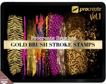 Procreate Stamps 66 Gold Brush Strokes VOL.1. Metallic Glitter Textures, Unicorn Glitter Brush. Gold Metallic Procreate Color Palettes.