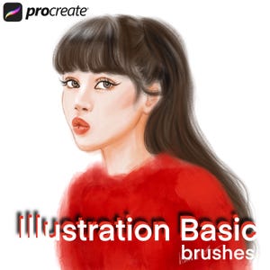 Op de afbeelding: Digitale illustratie van een vrouw met lang bruin haar en een rode trui. De afbeelding bevat de tekst "Illustration Basic brushes" en het Procreate-logo in de linkerbovenhoek. De vrouw heeft een lichte huid, rode lippen en kijkt naar de kijker.