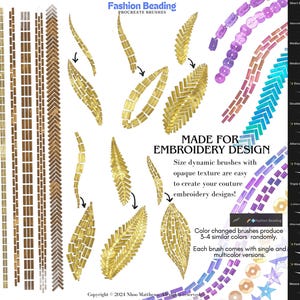 May include: A set of Procreate brushes for creating embroidery designs. The brushes feature various beading styles, including short, medium, double, triple, and weave beading. The brushes are size dynamic and come in single and multicolor versions.