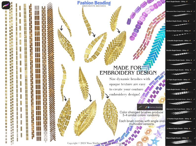 May include: A set of Procreate brushes for creating embroidery designs. The brushes feature various beading styles, including short, medium, double, triple, and weave beading. The brushes are size dynamic and come in single and multicolor versions.