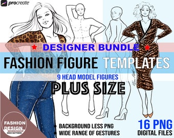 Plus Size Model Fashion Figure Template DESIGNER BUNDLE. Curvy Woman Croqui, 6 PNG Printable Digital Download Files, 9 Head Female Figures