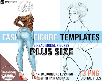 Elegant Plus Size Model Fashion Figure Template. Curvy Woman Croqui, 3 PNG Printable Digital Download Files, 9 Head Female Figures. Pose #6