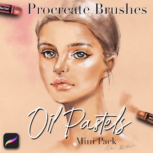 May include: Procreate Brushes Oil Pastels Mini Pack. A digital illustration of a woman's face with a soft, pastel-like style. The image is set against a light beige background with the text "Procreate Brushes Oil Pastels Mini Pack" in black.