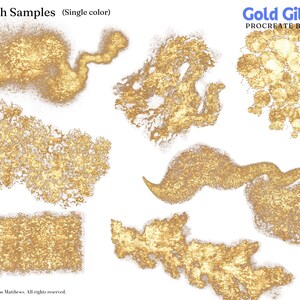 May include: Samples of gold glitter brush strokes on a white background. The brush strokes are in various shapes and sizes, including a rectangle, a circle, and a long, thin line. The text "Brush Samples (Single color)" and "Gold Gilding PROCREATE BRUSHES" is at the top of the image.