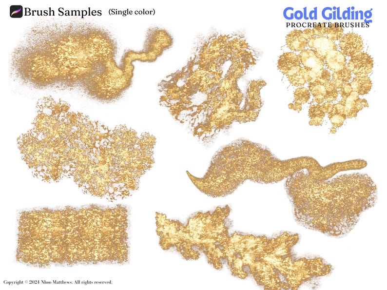 May include: Samples of gold glitter brush strokes on a white background. The brush strokes are in various shapes and sizes, including a rectangle, a circle, and a long, thin line. The text "Brush Samples (Single color)" and "Gold Gilding PROCREATE BRUSHES" is at the top of the image.
