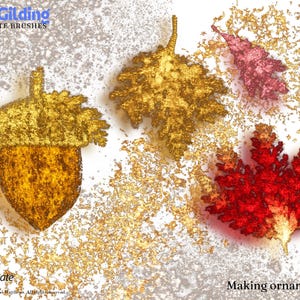 May include: Gold leaf acorn, oak leaf, and maple leaf ornaments on a white background. The text "Making ornaments" is at the bottom of the image.