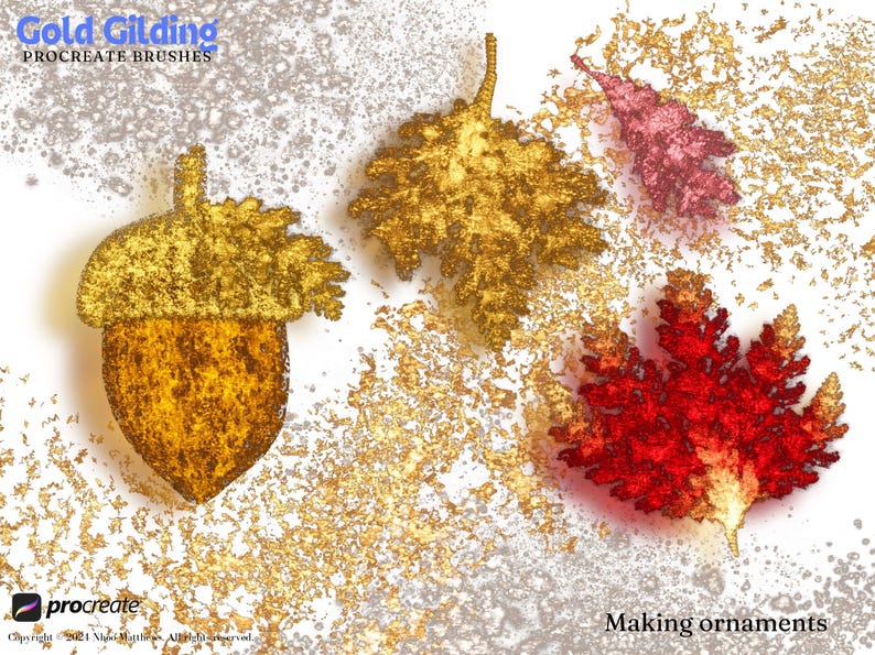 May include: Gold leaf acorn, oak leaf, and maple leaf ornaments on a white background. The text "Making ornaments" is at the bottom of the image.