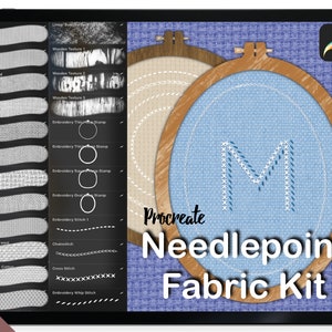 Procreate fabric brushes: 24 NEEDLEPOINT FABRIC KIT. Stitch Brushes, Embroidery Textiles, Cross Stitch Fabric, Wooden Texture Hoop Frames.