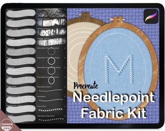 Procreate fabric brushes: 24 NEEDLEPOINT FABRIC KIT. Stitch Brushes, Embroidery Textiles, Cross Stitch Fabric, Wooden Texture Hoop Frames.