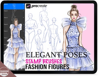 Procreate Fashion Figure Brushes + PDF: Elegant Poses, Evening Dresses. Plus Size & Skinny Models