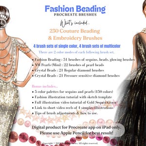 The image show digital fashion illustration drawn on Procreate application. Using Procreate fashion beading brushes. The illustration of models wearing a silver sequin gown with crystal strands embellishment. Another illustration of model wearing black tulle gown with gold shimmer sequins and crystal necklace. Text include 230 Procreate brushes with different brush modes and colors.