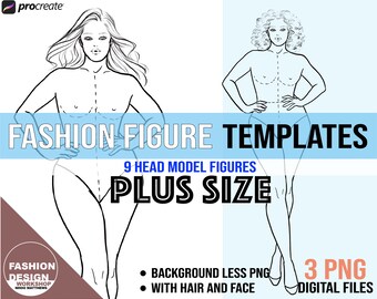 Plus Size Fashion Figure / Curvy Croqui Templates (POSE #4) Background Less PNG, With Face & Hair, 3 Digital Files, 9 Head Model Figures