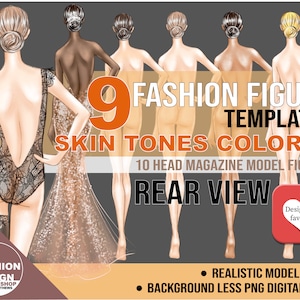 PNG Sexy Back View Skin Tone Colored Fashion Figure, Croqui Template. Realistic 10 Head Model Fashion Illustration Clipart.