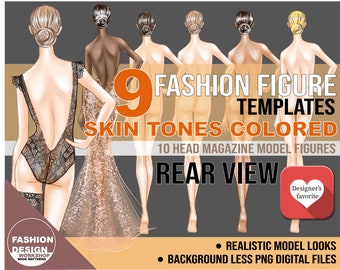 PNG Sexy Back View Skin Tone Colored Fashion Figure, Croqui Template. Realistic 10 Head Model Fashion Illustration Clipart.