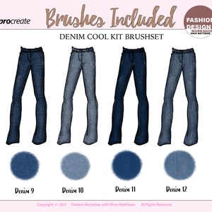 May include: Four illustrations of denim jeans in different shades of blue. The jeans are drawn in a cartoon style and have a flared leg. The illustrations are labeled "Denim 9", "Denim 10", "Denim 11", and "Denim 12".