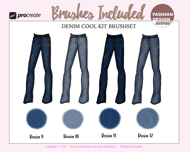 May include: Four illustrations of denim jeans in different shades of blue. The jeans are drawn in a cartoon style and have a flared leg. The illustrations are labeled "Denim 9", "Denim 10", "Denim 11", and "Denim 12".
