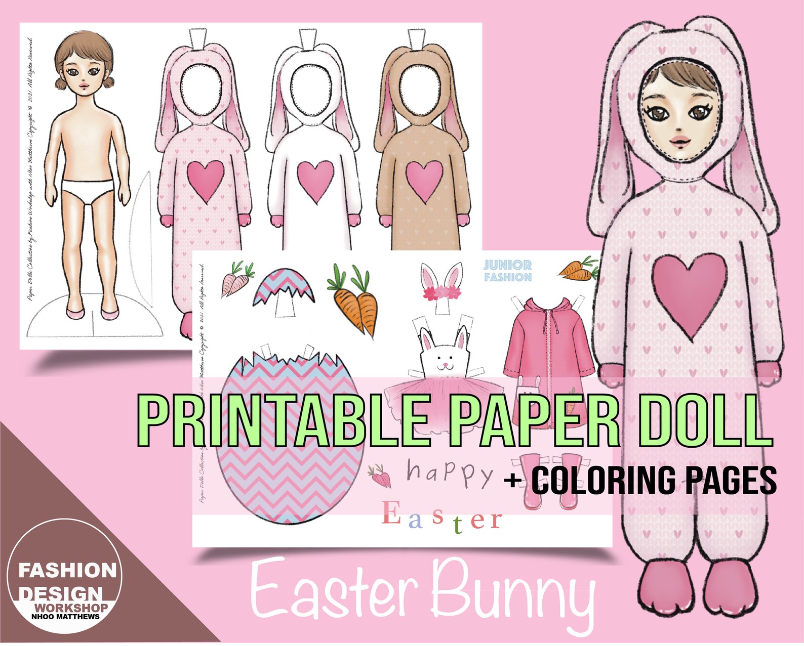EASTER BUNNY Printable Paper Doll Light Skin with Coloring | Etsy