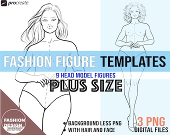 Elegant Plus Size Model Fashion Figure Template. Curvy Woman Croqui, 3 PNG Printable Digital Download Files, 9 Head Female Figures. Pose #1