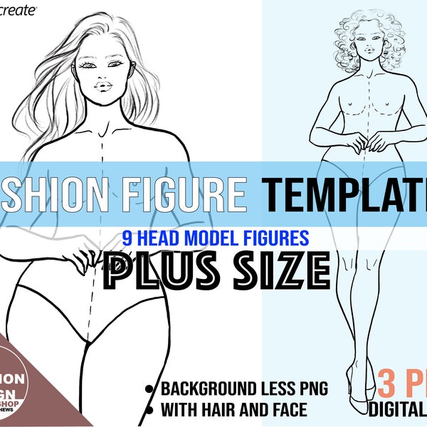 Elegante Plus Size Model Fashion Figur Vorlage. Curvy Frau Croqui, 3 PNG druckbare digitale Download Dateien, 9 Kopf weibliche Figuren. Pose #1