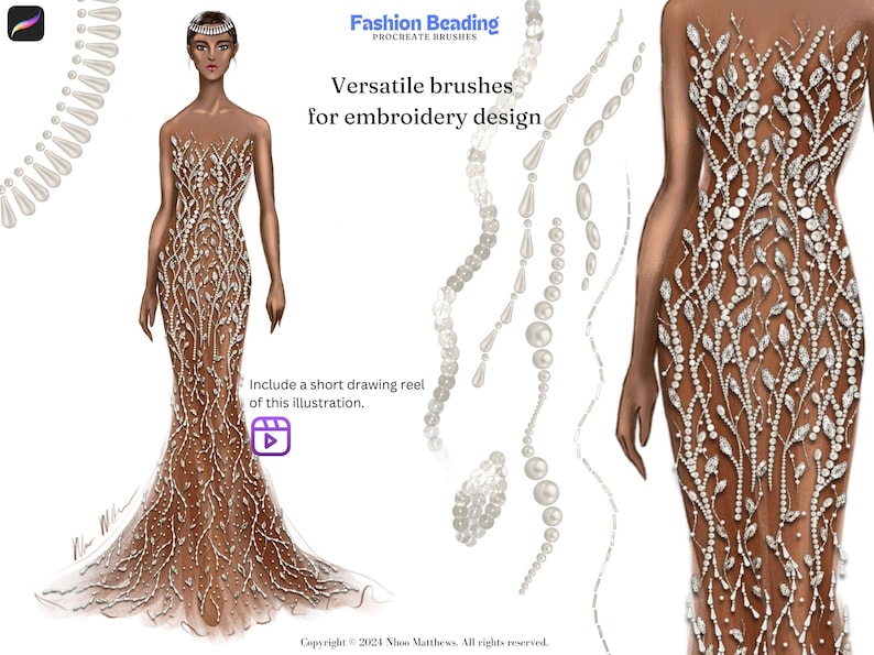 The image show digital fashion illustration drawn on Procreate application. Using Procreate fashion beading brushes for fashion design. Procreate embroidery design brushes.  Brown beaded gown illustration.  Various pearl and bead brush stroke samples shown.  Text includes: 'Fashion Beading', 'Versatile brushes for embroidery design', and copyright information.