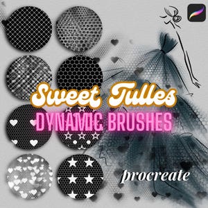 Może przedstawiać: Zestaw 8 czarno-białych pędzli Procreate z różnymi wzorami tiulu. Pędzle zostały zaprojektowane tak, aby stworzyć słodki i delikatny wygląd. Tekst "Sweet Tulle Dynamic Brushes" jest wyświetlany czcionką w kolorze różowym i pomarańczowym.