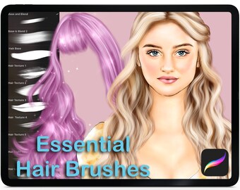 Procreate 32 Essential Hair Brushes + Drawing Tutorials Fashion Illustration. Realistic Hair Brushes, Blenders, High Lights, Hair Textures.