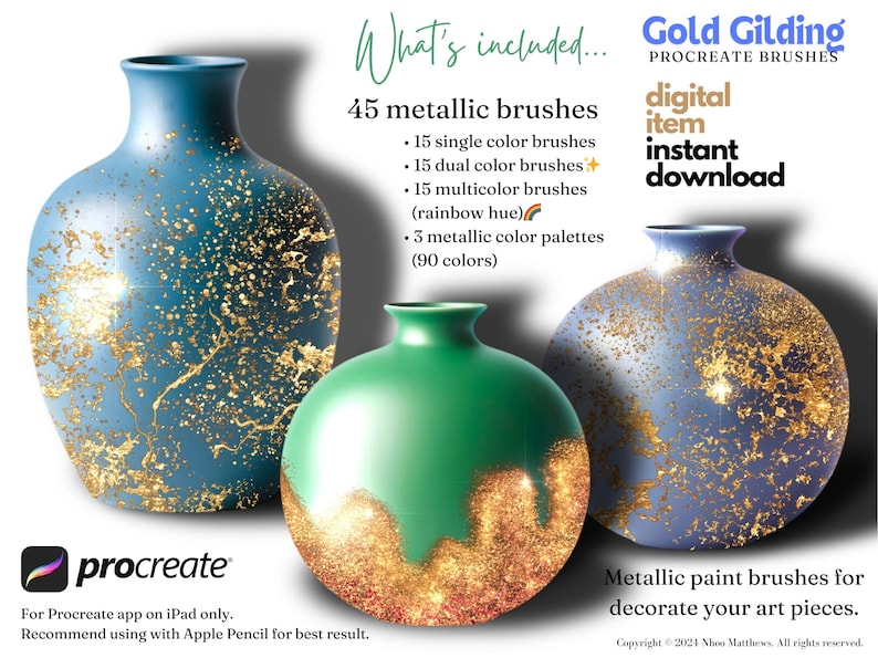 May include: Three vases with gold glitter accents. The vases are blue, green, and purple. The text "Gold Gilding Procreate Brushes" is at the top of the image. The text "45 metallic brushes" is below the title. The text "digital item instant download" is on the right side of the image.