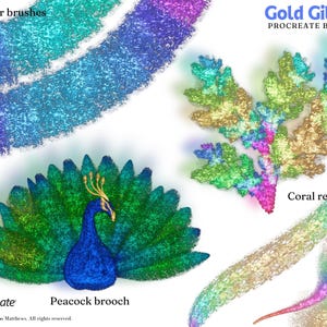 May include: A set of Procreate brushes for digital art, featuring a peacock, coral reef, and brush strokes with a glittery, iridescent effect. The text "Gold Gilding" and "Procreate Brushes" is visible in the image.