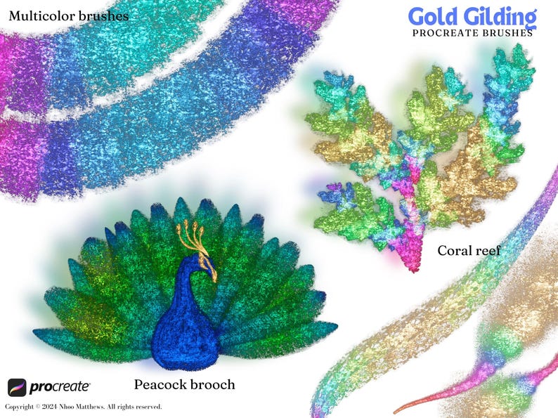 May include: A set of Procreate brushes for digital art, featuring a peacock, coral reef, and brush strokes with a glittery, iridescent effect. The text "Gold Gilding" and "Procreate Brushes" is visible in the image.