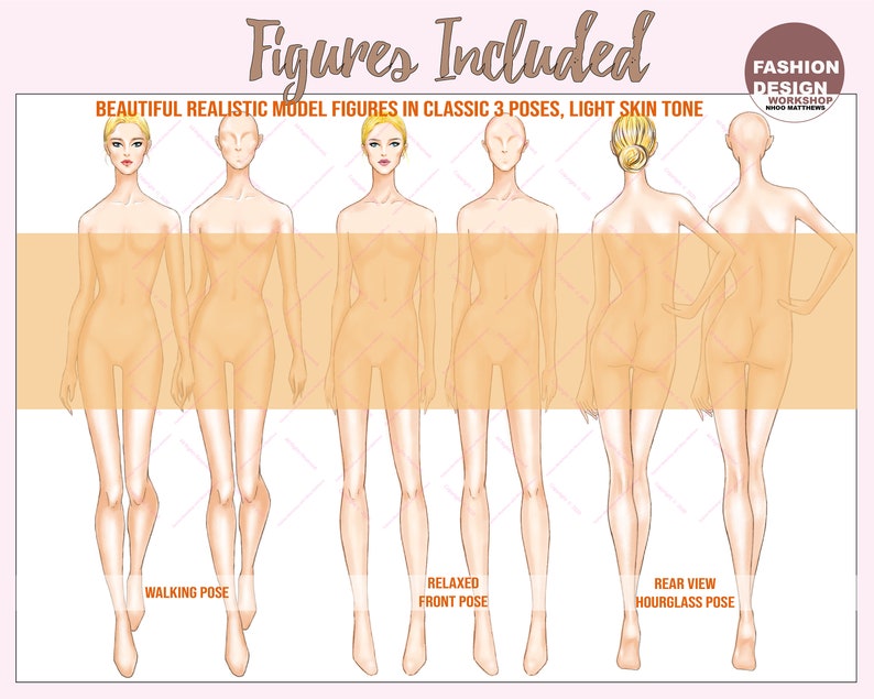 PNG BUNDLE 18 Skin Tone Colored Fashion Figure, Croqui Template. Classic Poses, Realistic 10 Head Model Fashion Illustration Clipart. image 5