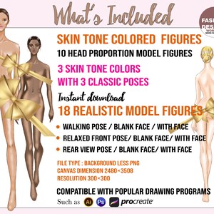 PNG BUNDLE 18 Skin Tone Colored Fashion Figure, Croqui Template. Classic Poses, Realistic 10 Head Model Fashion Illustration Clipart. image 2