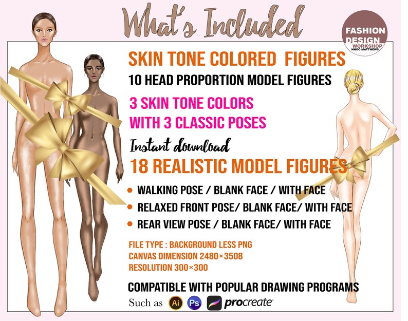 PNG BUNDLE 18 Skin Tone Colored Fashion Figure, Croqui Template. Classic Poses, Realistic 10 Head Model Fashion Illustration Clipart. image 2