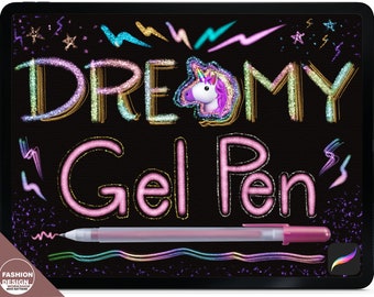 DREAMY GEL PENS Procreate Glitter Brushes. Metallics and Rainbow Unicorn Brushes for Procreate App. 9 Brushes total