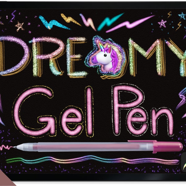 DREAMY GEL PENS Procreate Glitter Brushes. Metallics and Rainbow Unicorn Brushes for Procreate App. 9 Brushes total