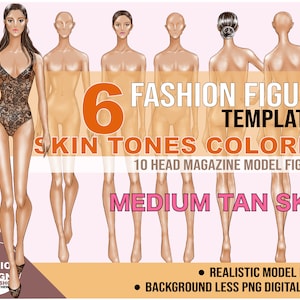 PNG Medium Tan Skin Tone Colored Fashion Figure, Croqui Template. Classic Poses, Realistic 10 Head Model Fashion Illustration Clipart.