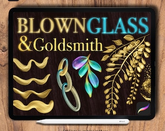 BLOWN GLASS & GOLDSMITH 70 Procreate Brushes. Gold Metallic Jewelry Shiny Hot Foil and Multicolor Brushes with 60 colors in palettes.