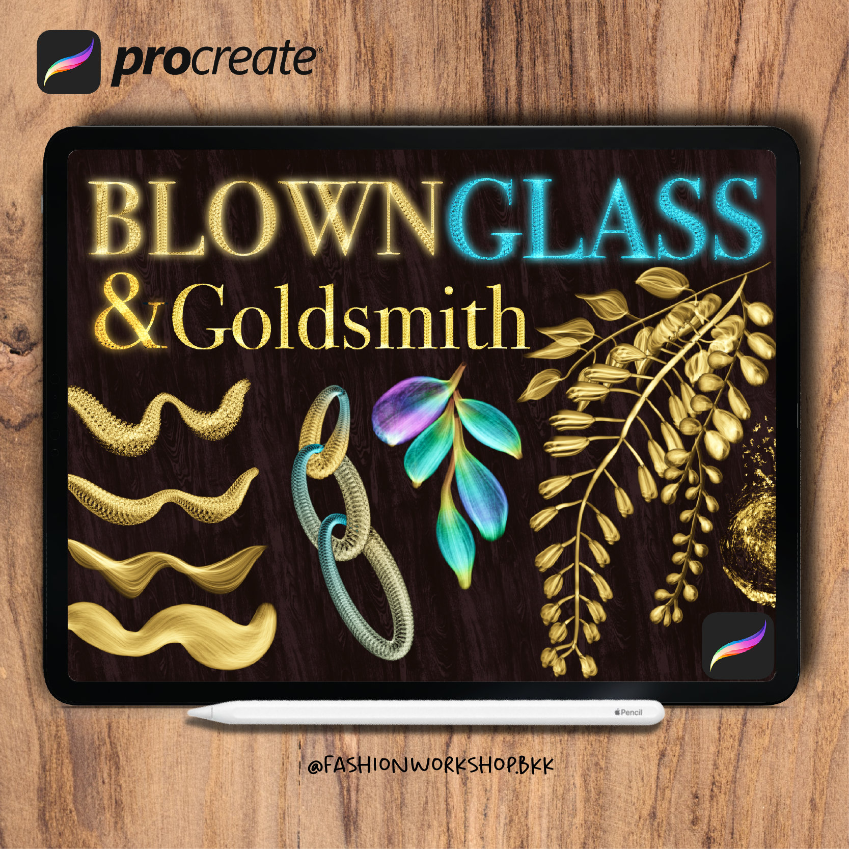 Goldsmith & Blown Glass Procreate Brushes (70) — Metallic Gold, Iridescent & Multicolor with 60-Color Palettes
