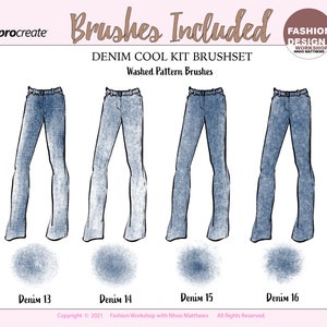 May include: Four digital brush sets for Procreate, each depicting a different style of denim jeans with a faded, washed effect. The brush sets are labeled "Denim 13", "Denim 14", "Denim 15", and "Denim 16".